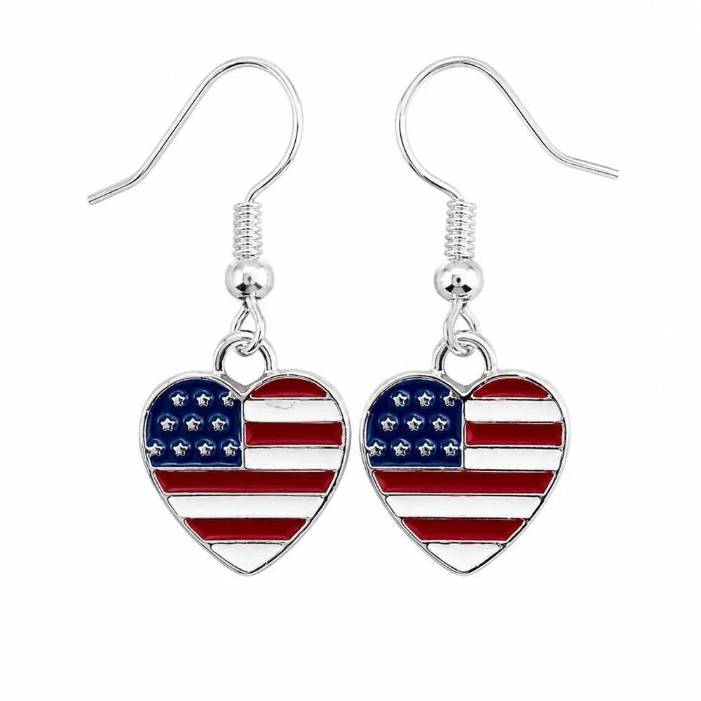 SilverβTone USA American Flag Heart Dangle Earrings Patriotic New